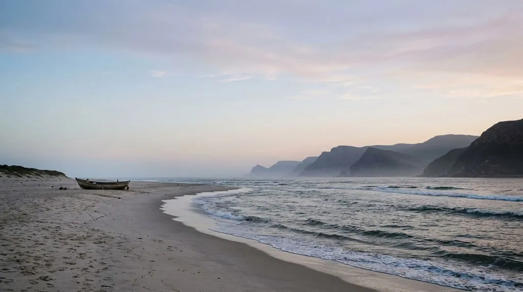 An empty curve of beach at dusk with a lone wooden boat and hazy headlands