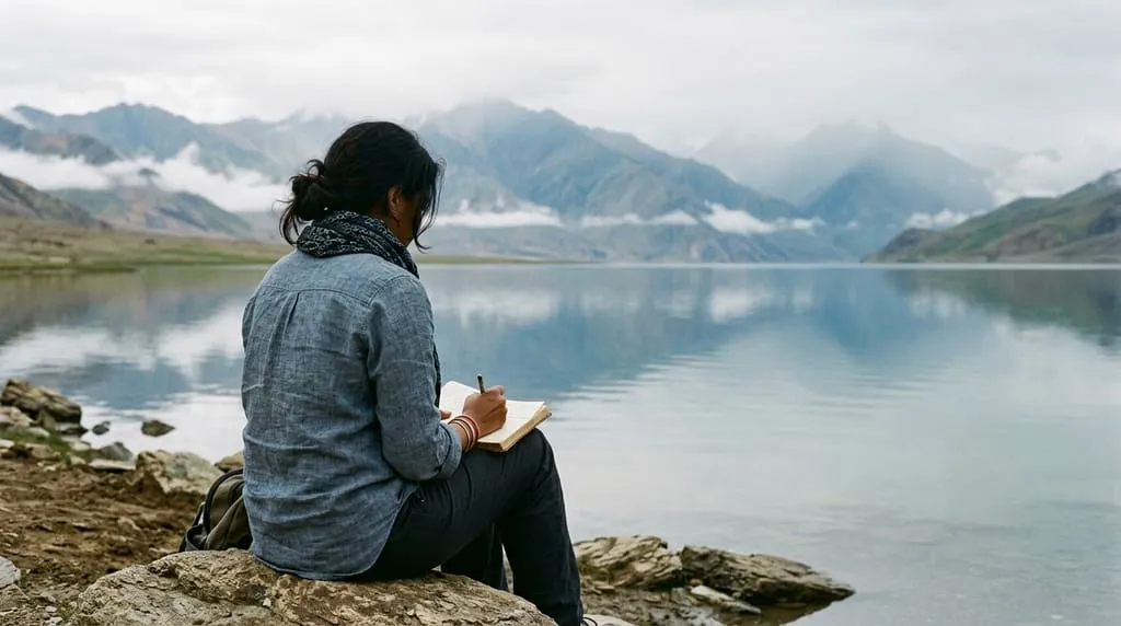 A traveller sits on a rock by a still mountain lake, writing in a notebook