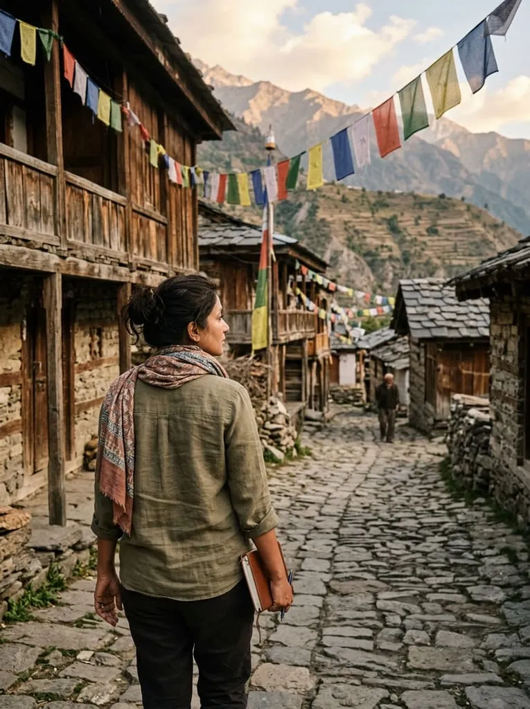 A traveller with a notebook walks a cobbled lane in a mountain village strung with prayer flags