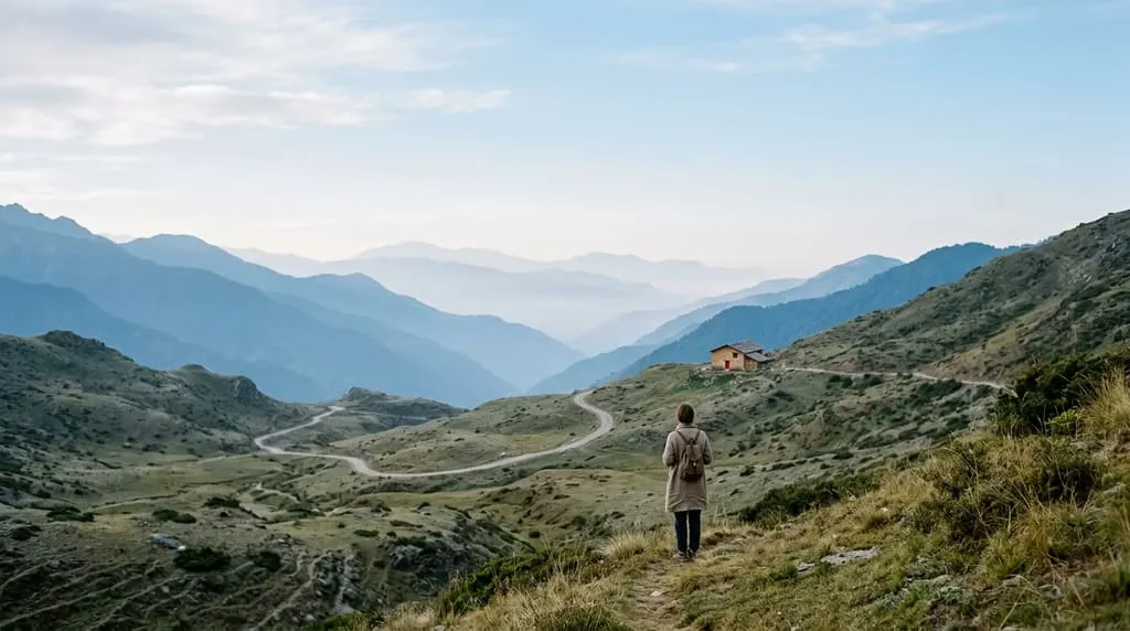 A lone traveller looks out over a quiet mountain valley with a winding road and a small stone guesthouse