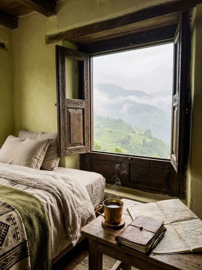 A heritage room with a carved wooden window open to misty green hills, tea and a travel journal on the table