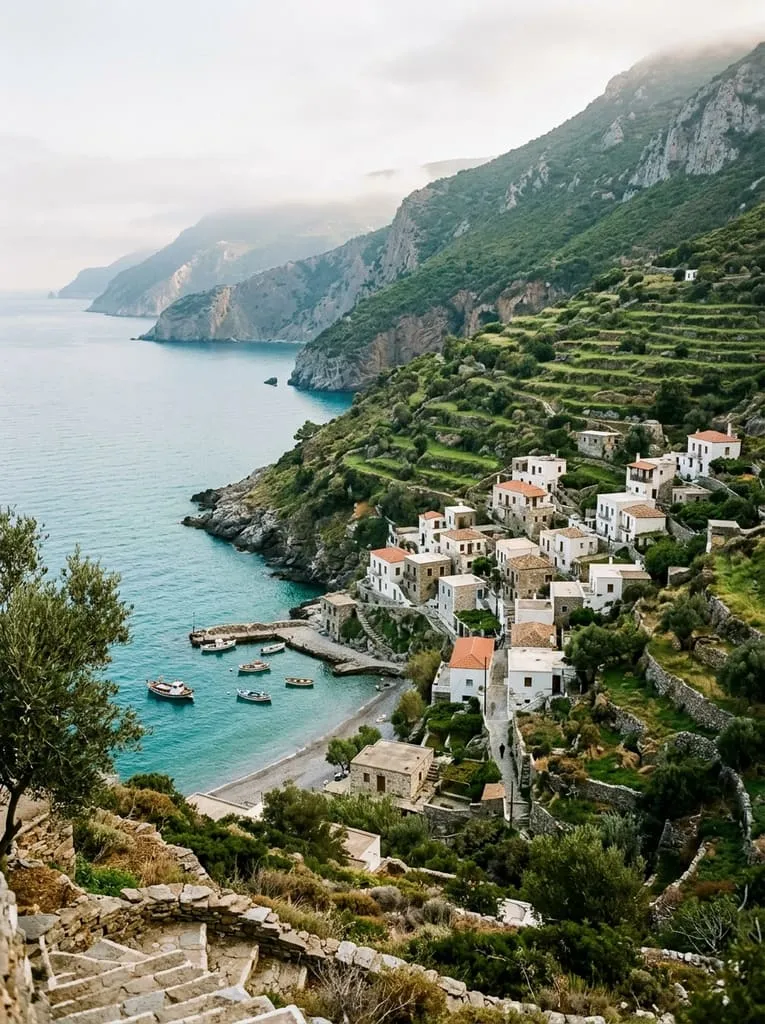 A small whitewashed village on terraced green slopes above a quiet turquoise bay
