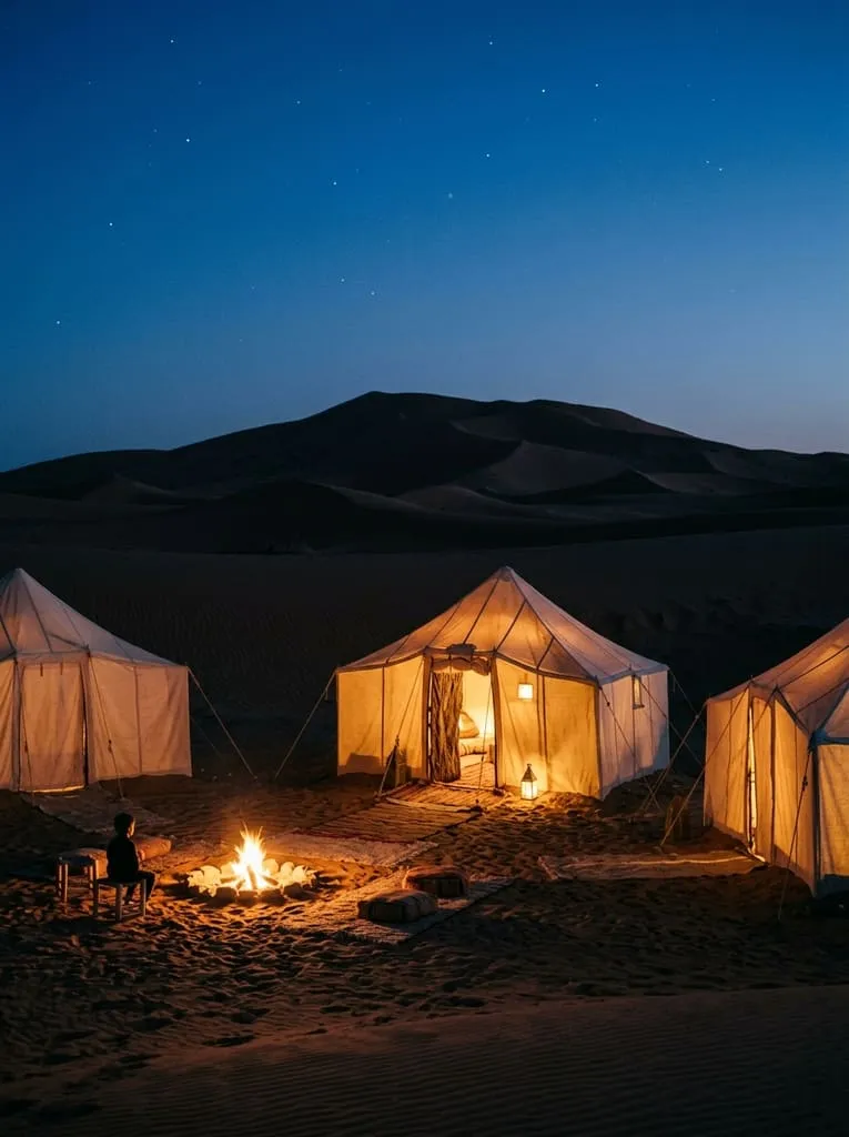 Three canvas tents glowing warm beside a small fire under a starry desert sky