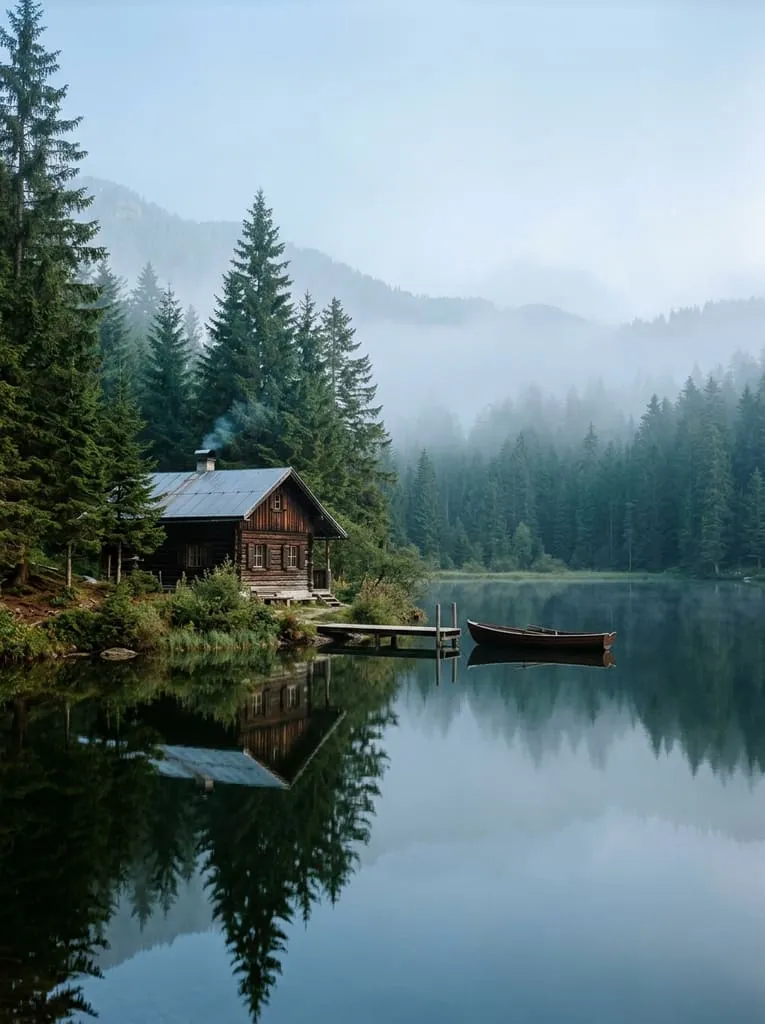 A wooden cabin and rowing boat on a still lake surrounded by misty pine forest