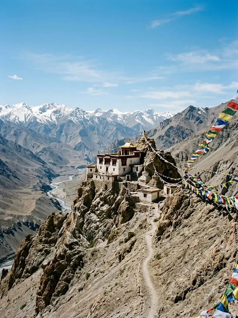 A whitewashed monastery on a rocky ridge above a wide mountain valley with prayer flags