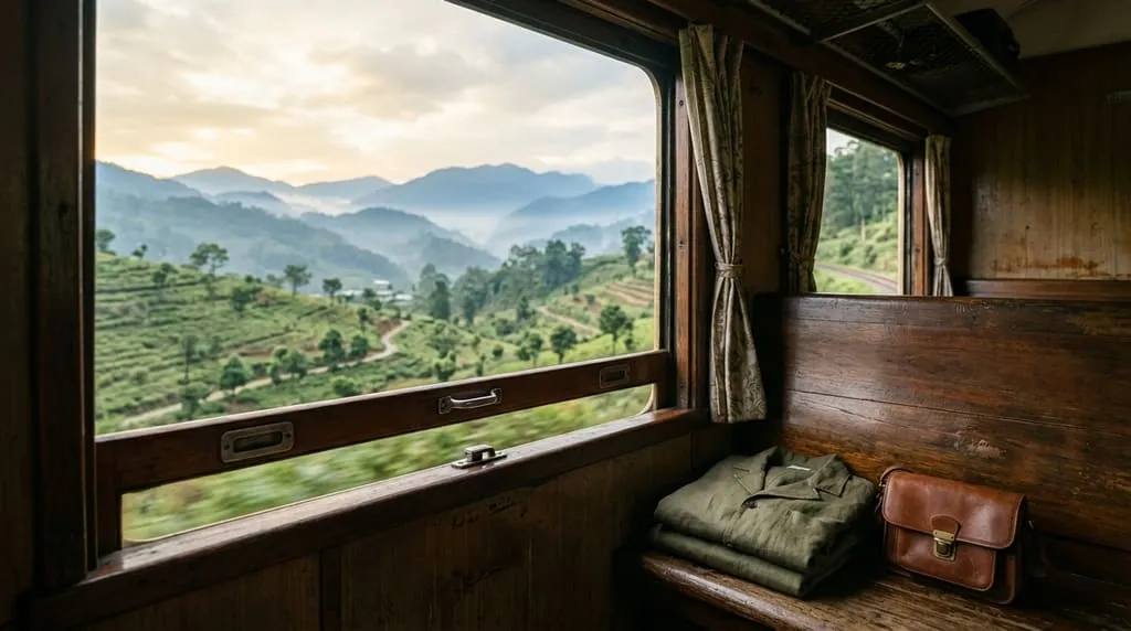 View from a vintage train window over green terraced hills and misty blue mountains