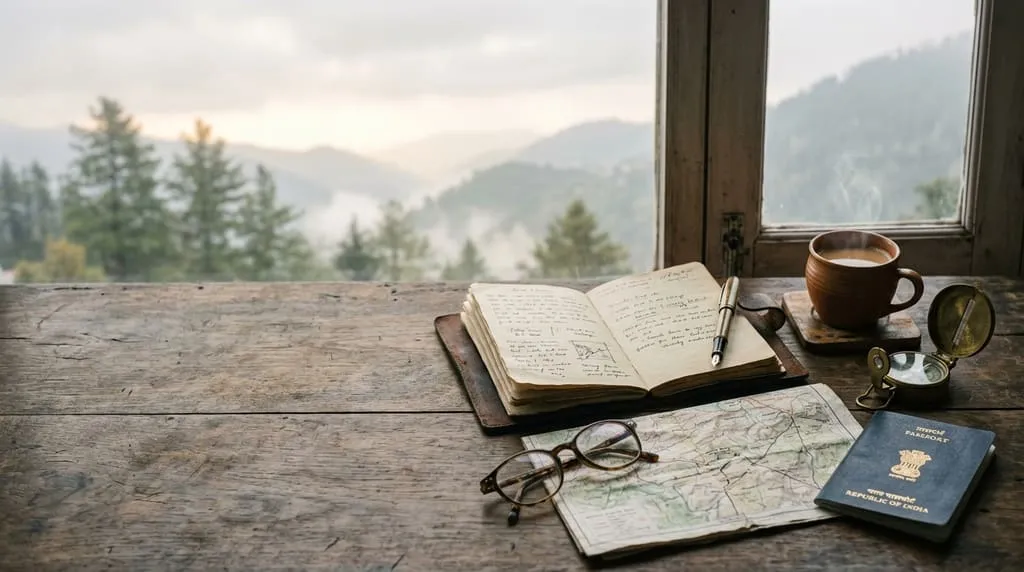 A wooden desk by a misty window with a travel journal, map, compass, passport and a cup of chai